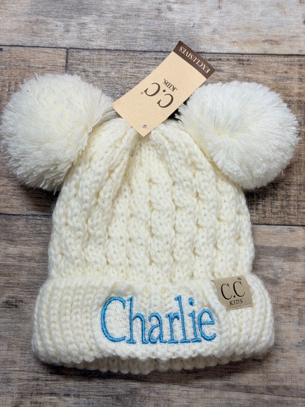 Cream Knit C C Beanie DOUBLE POM PERSONALIZED WITH CHARLIE IN BLUE